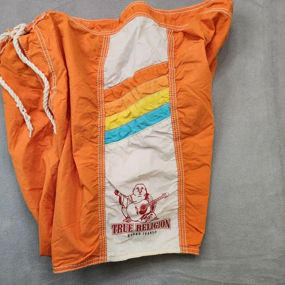 True Religion Retro Board Shorts Men's 40 Orange Swim Trunks Y2K 10